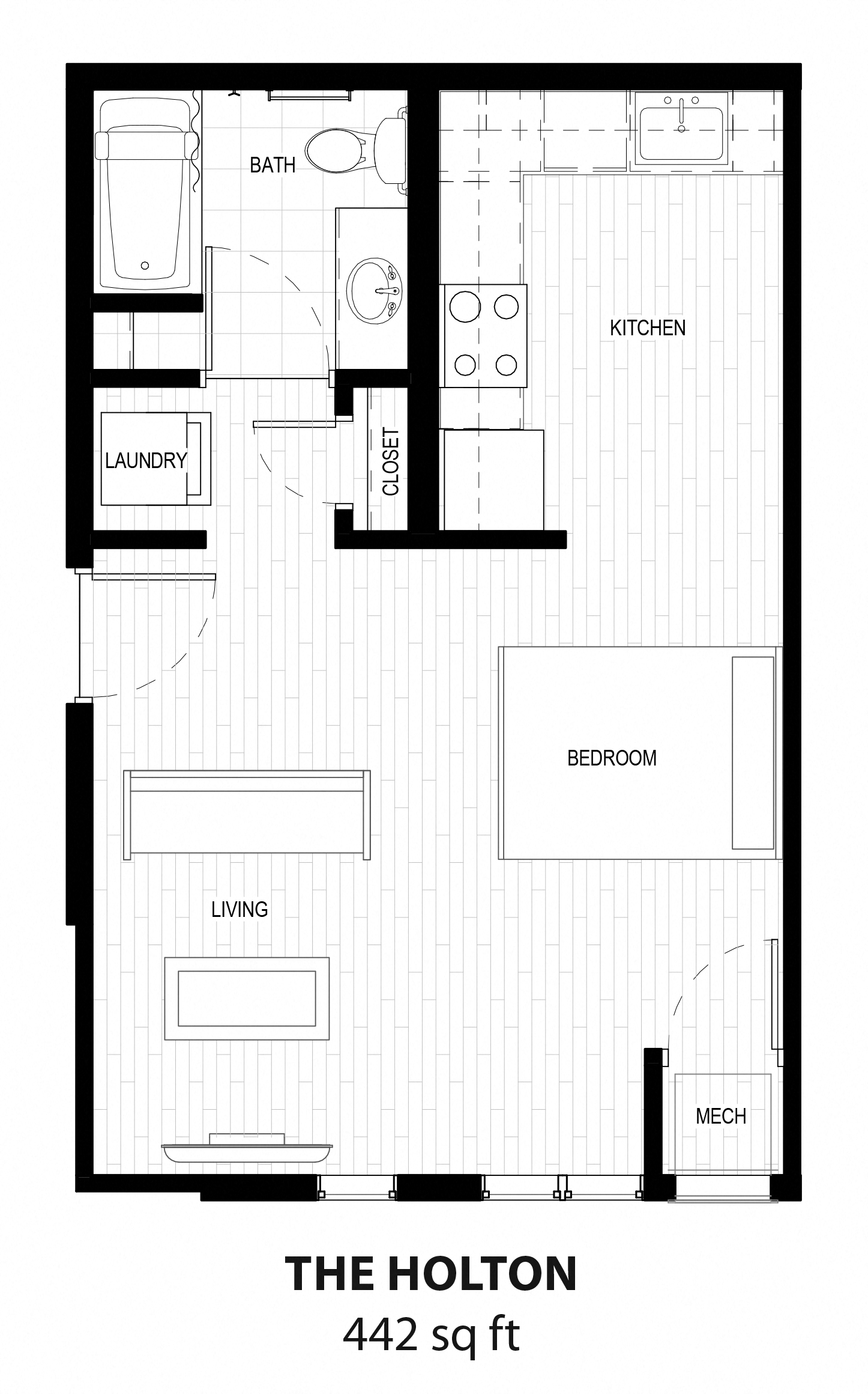 Floor plan for studio, 1 bath, 442 sqft